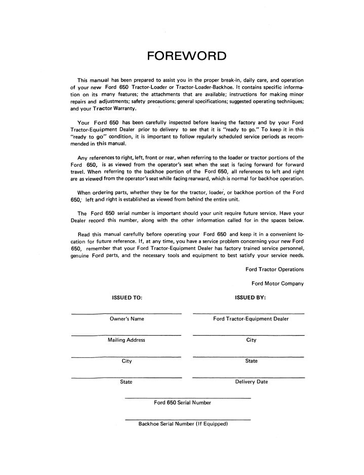 Ford 650 Tractor Loader Backhoe Operator Manual 42065010