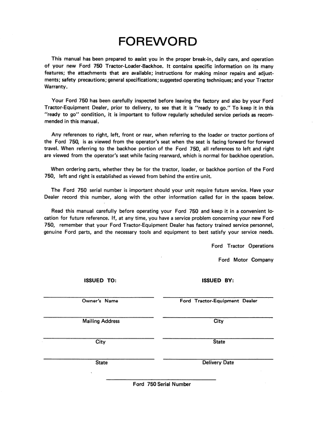 Ford 750 Loader Backhoe Operator Manual PDF 42075010
