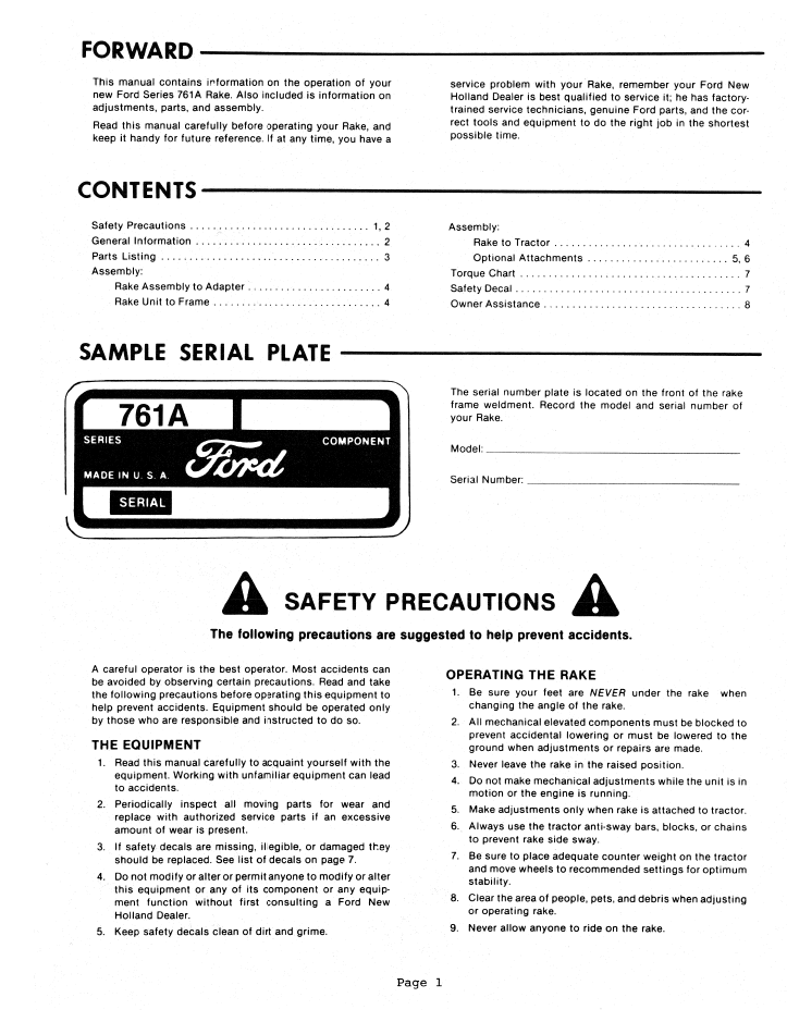 Ford 761A Rake Attachment Operating Manual PDF 42076110