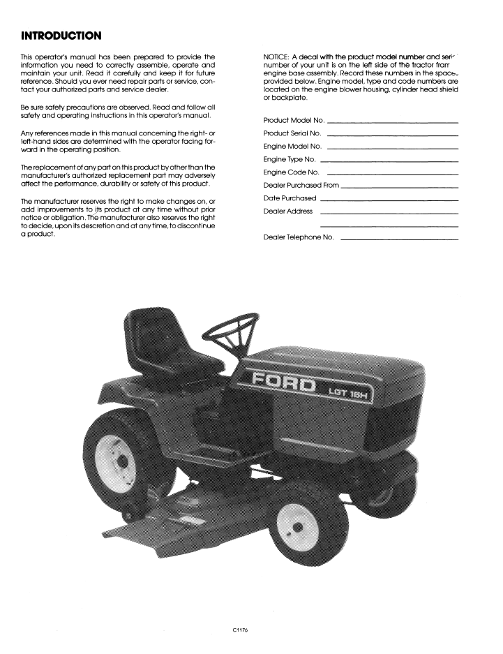 Ford LGT 18H Garden Tractor Operating Instructions Manual PDF 42001813