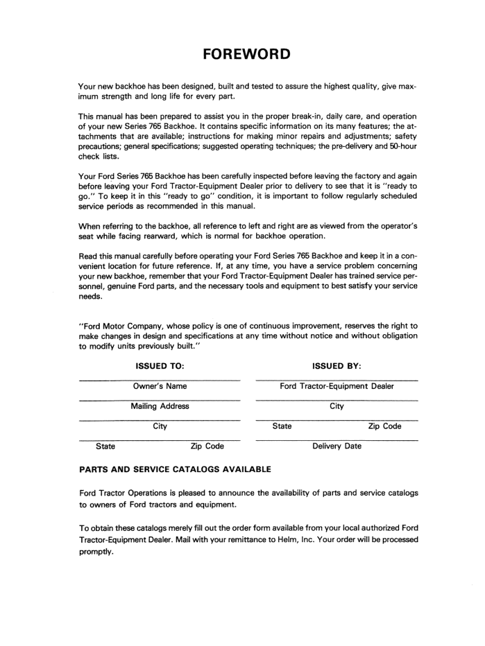 Ford Series 765 Backhoe Operator Manual PDF 42076513