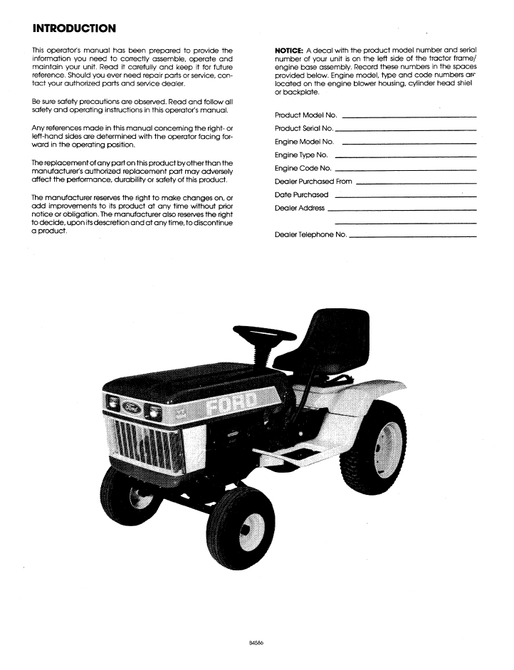 Ford YT16H Yard Tractor Operating Instructions Manual PDF 42001611