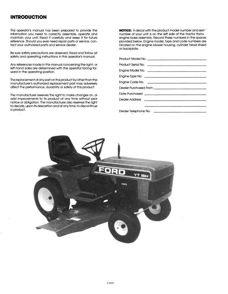 Ford YT16H Yard Tractor Operating Instructions Manual PDF 42001616
