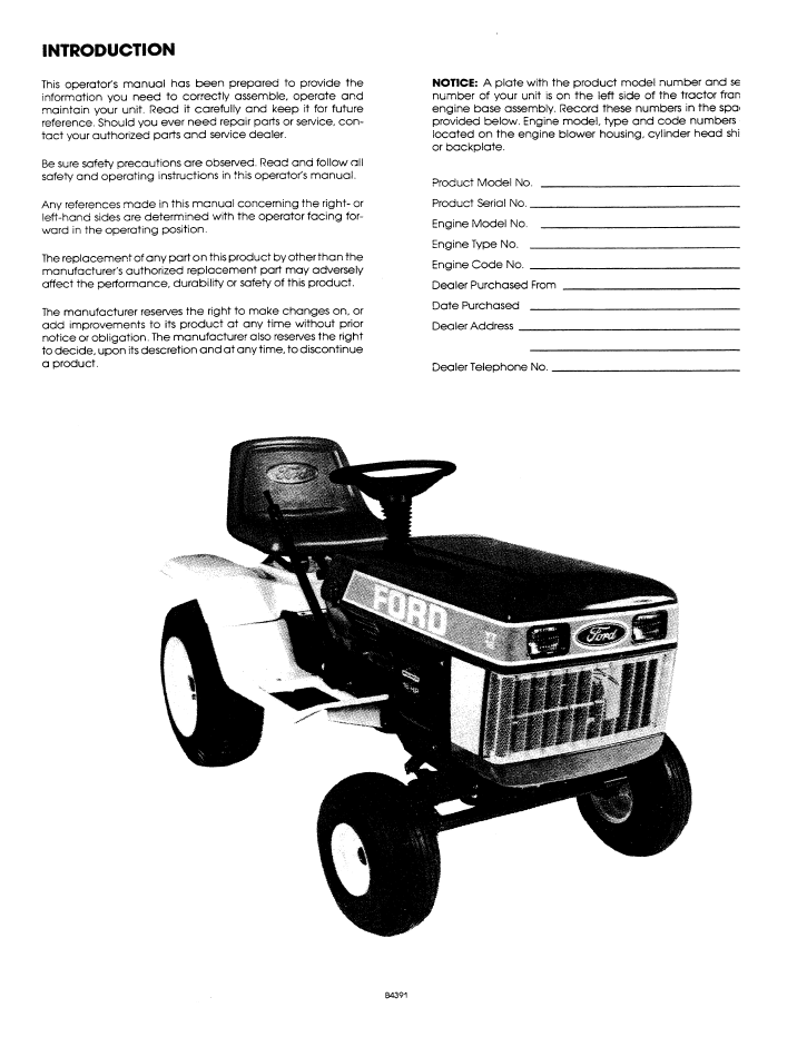 Ford YT16 Yard Tractor Operating Instructions Manual PDF 42001612