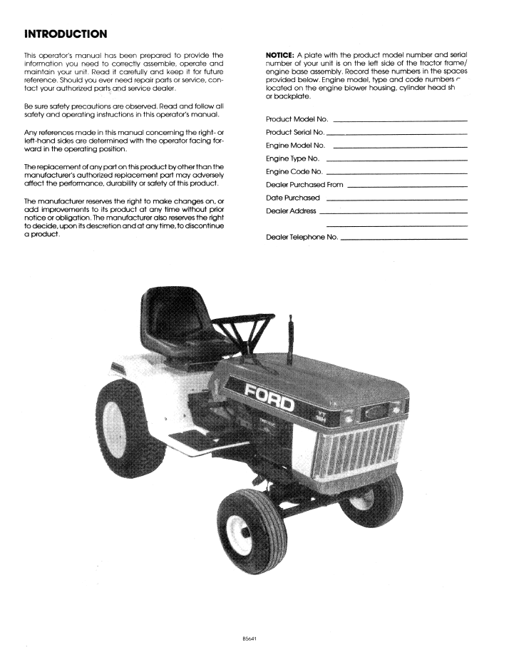 Ford YT16 Yard Tractor Operating Instructions Manual PDF 42001613
