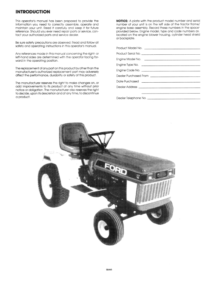 Ford YT16 Yard Tractor Operating Instructions Manual PDF 42001614