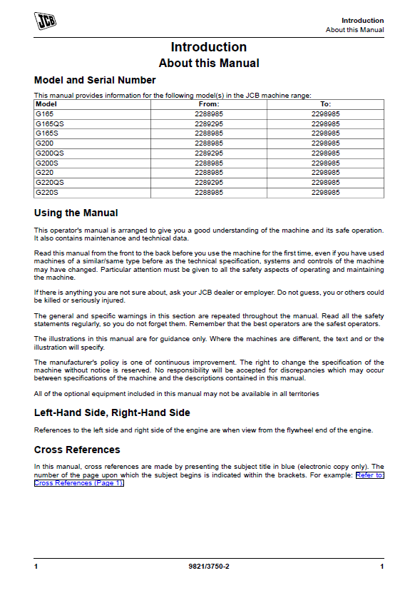 Free PDF Manual: JCB G165, G165QS, G200, G220 Generators