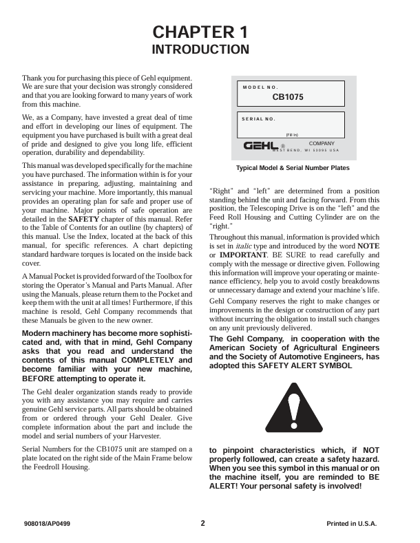 GEHL 1075 Forage Harvester Operation & Maintenance Manual 908018 PDF