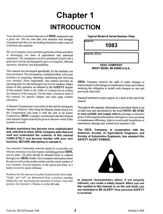 GEHL 1083 Dynalift Telehandler Operator's Manual 907337 PDF