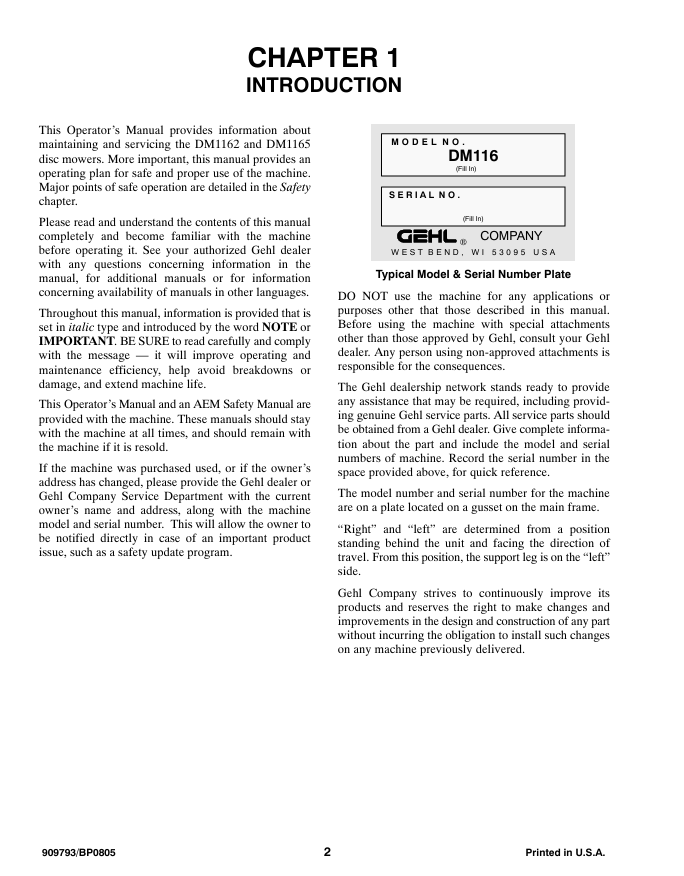 GEHL 1162, 1165 Disc Mower Owner's Operator Manual PDF 909793