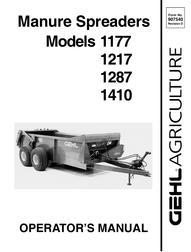 GEHL 1177, 1217, 1287, 1410 Manure Spreader Operator Manual PDF