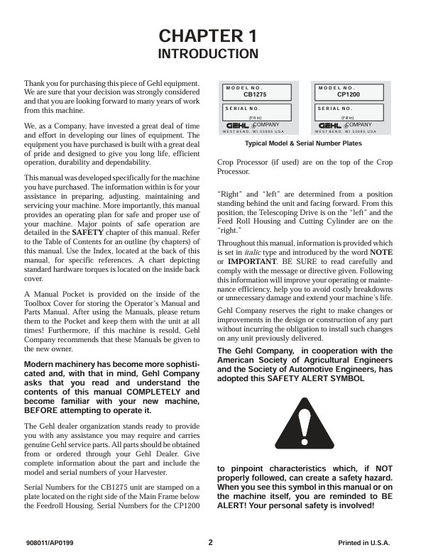 GEHL 1275 Forage Harvester Operation & Maintenance Manual PDF 908011