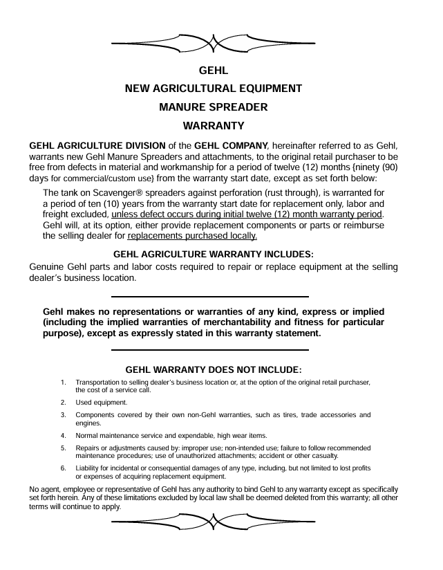 GEHL 1309 1312 1315 1322 Manure Spreader Operator Manual 907170