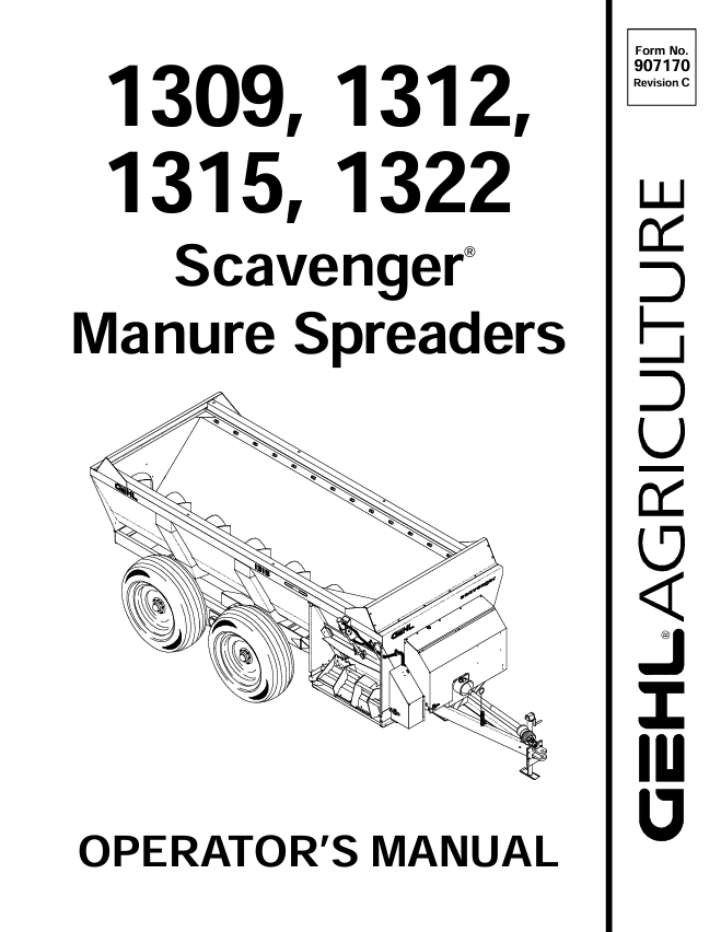 GEHL 1309, 1312, 1315, 1322 Scavenger Manure Spreader Operator Manual PDF