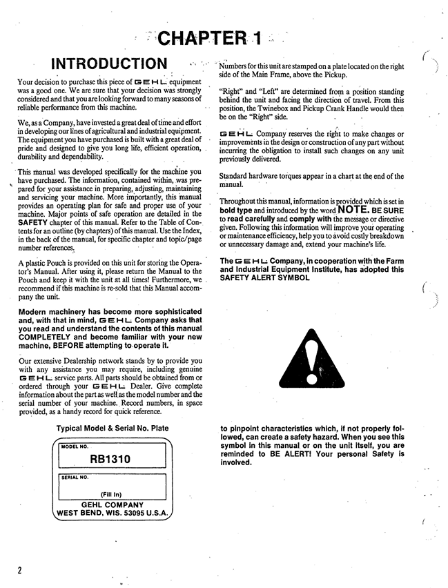GEHL 1310 Fixed Chamber Round Baler Owners Operator Manual PDF
