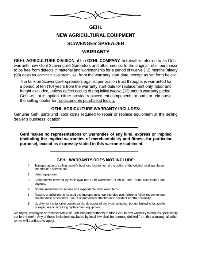 GEHL 1329 1330 Scavenger Manure Spreader Operator Manual PDF