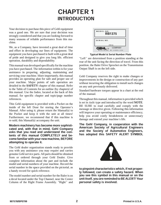 GEHL 1375 Variable Chamber Baler Owner's Operator Manual PDF