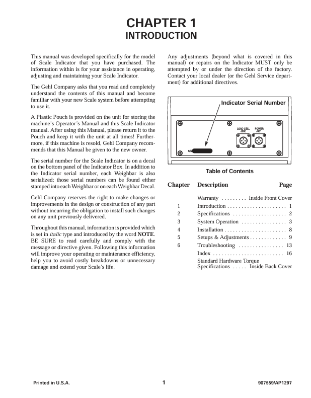 GEHL 1500 Scale Indicator Owner's & Operator Manual 907559 PDF
