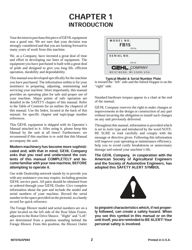 GEHL 1540, 1580 Forage Blower Operation & Maintenance Manual PDF