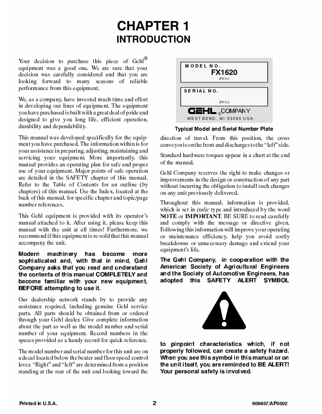 GEHL 1620 Front Unload Forage Box Owner Operator Manual PDF