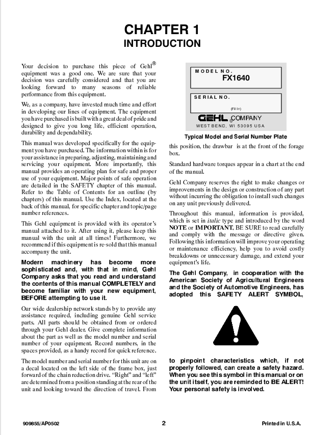 GEHL 1640 Forage Box Operator & Maintenance Manual 909855 PDF
