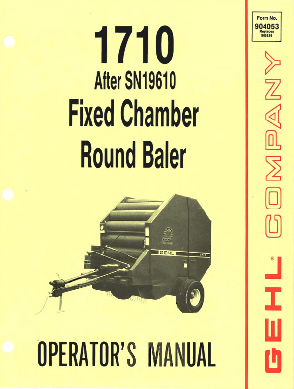 GEHL 1710 Fixed Chamber Round Baler Operator Manual 904052 PDF