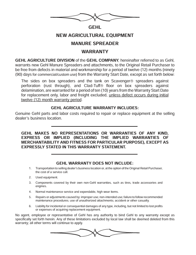 GEHL 175-425 Manure Spreader Operator Manual 907074 PDF