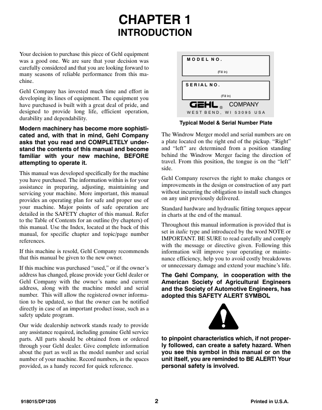 GEHL 2109 Windrow Merger Operation & Maintenance Manual PDF