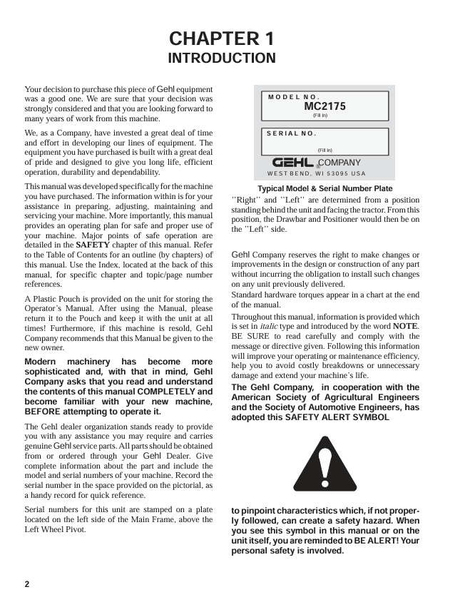 GEHL 2175 Mower Conditioner Owners Operator Manual PDF