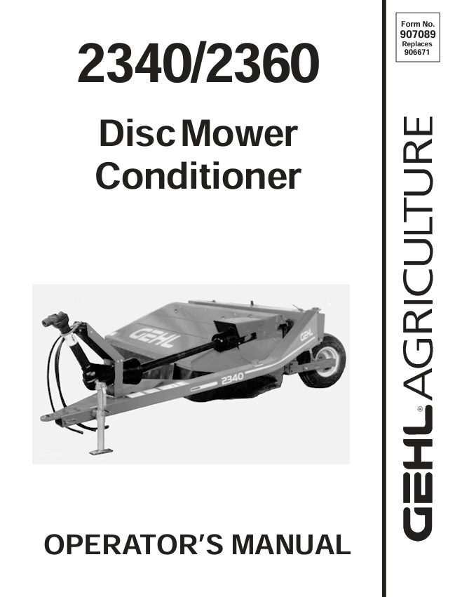 GEHL 2340 & 2360 Disc Mower Conditioner Operator Manual 907089 PDF