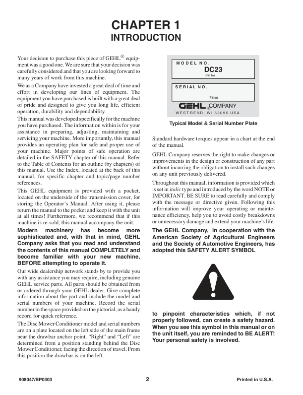GEHL 2345/2365 Disc Mower Conditioner Operation & Maintenance Manual PDF