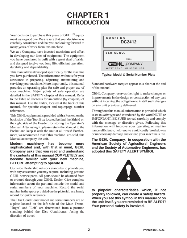 GEHL 2412 Disc Mower Conditioner Operation & Maintenance Manual PDF