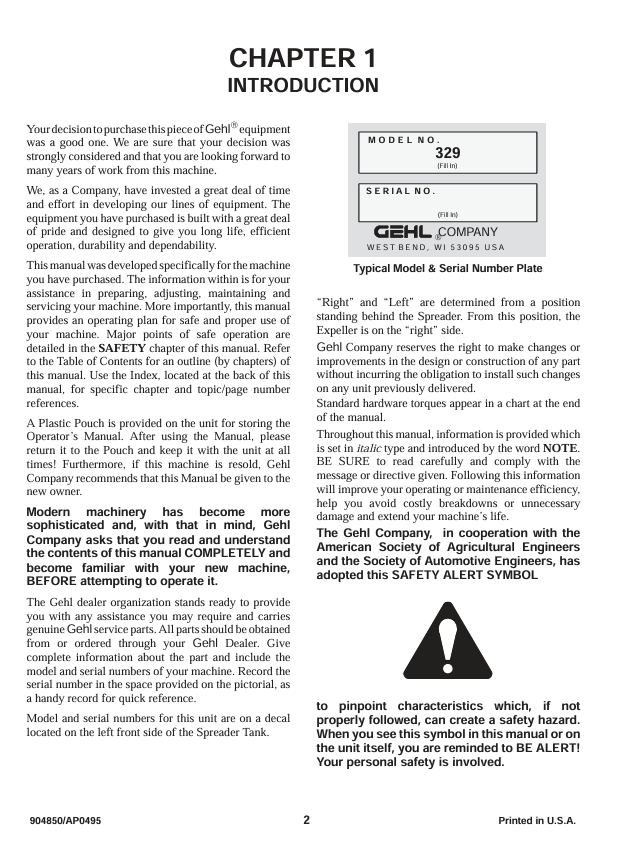GEHL 329 Scavenger II Waste Spreader Operation and Maintenance Manual 904850 PDF