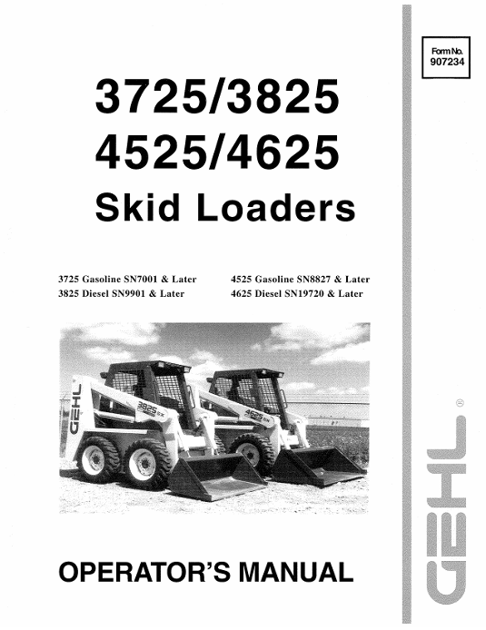 GEHL 3725 3825 4525 4625 Skid Loader Operator Manual 907234 PDF