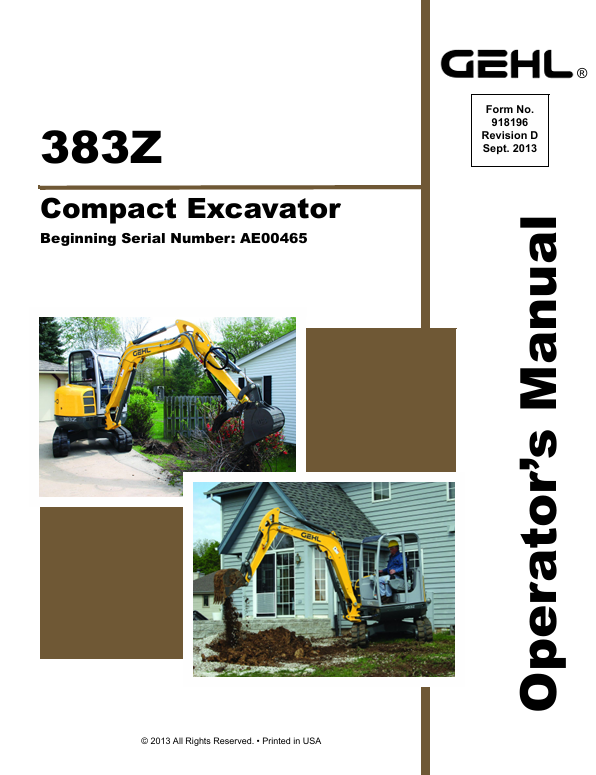 GEHL 383Z Compact Excavator Operator Manual 918196 PDF Download