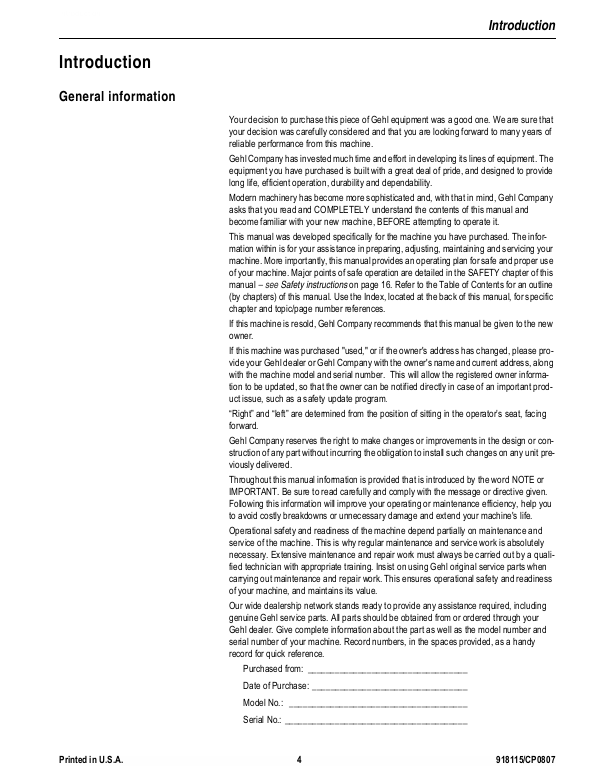 GEHL 480 All Wheel Steer Loader Operation and Maintenance Manual 918115 PDF
