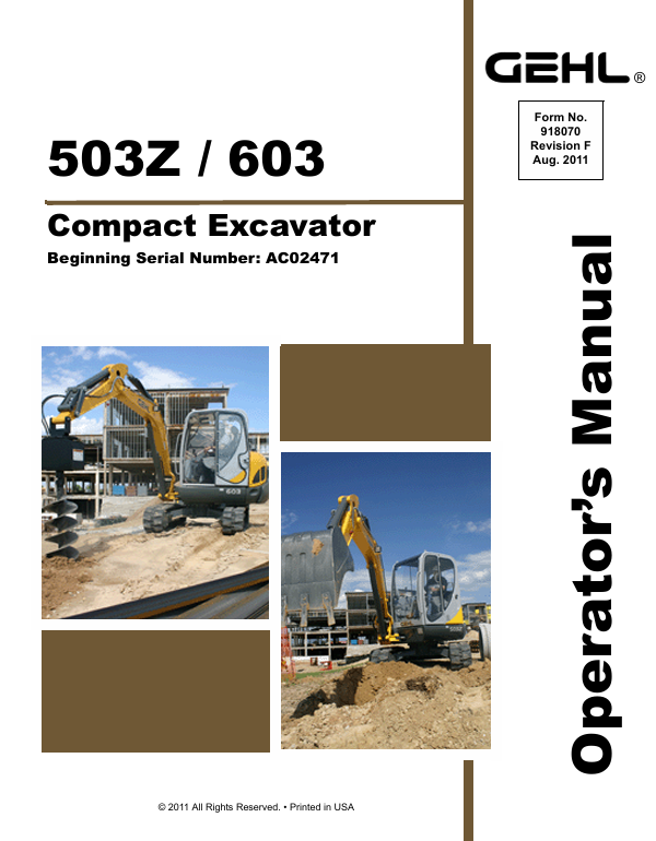 GEHL 503Z & 603 Compact Excavator Operator Manual 918070 PDF Download