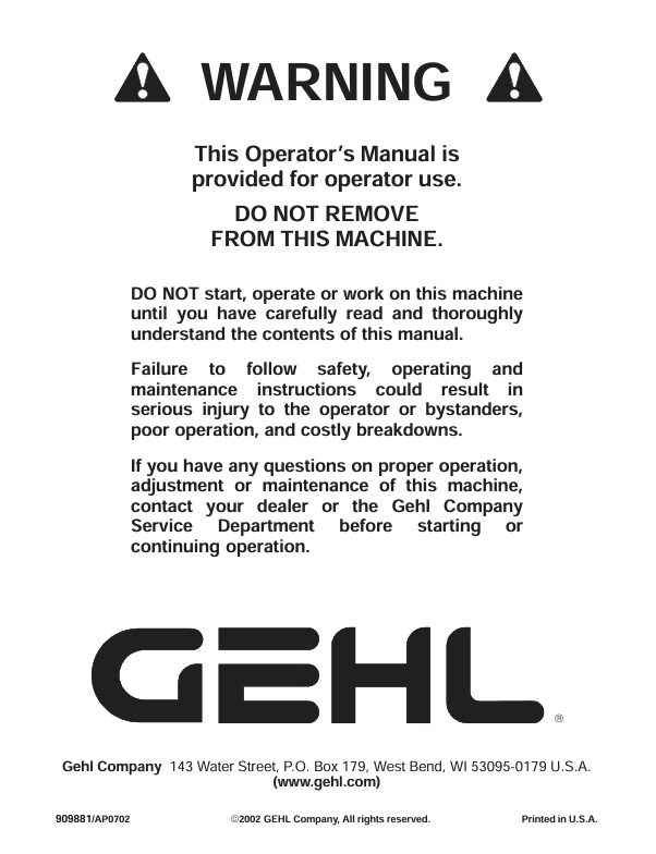 GEHL 521 Wheel Loader Operators Manual PDF – Manual 909881