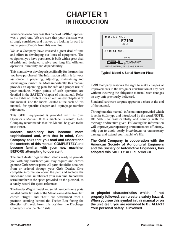 GEHL 7190 Feeder Wagon Operation & Maintenance Manual 907549 PDF