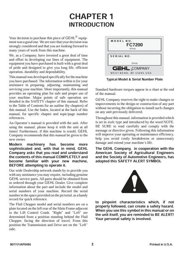 GEHL 7200 Flail Chopper Operation & Maintenance Manual 907111 PDF