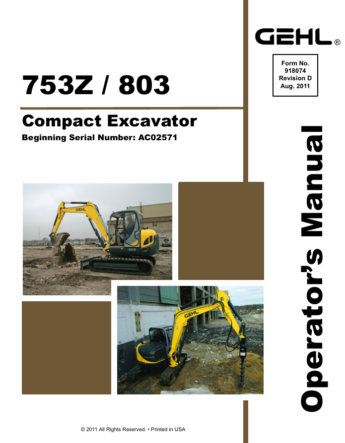 GEHL 753Z, 803 Compact Excavator Operator Manual 918074 PDF Download