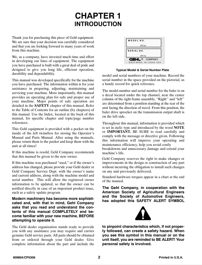 GEHL 80 Series Baler Operation & Maintenance Manual 909804 PDF