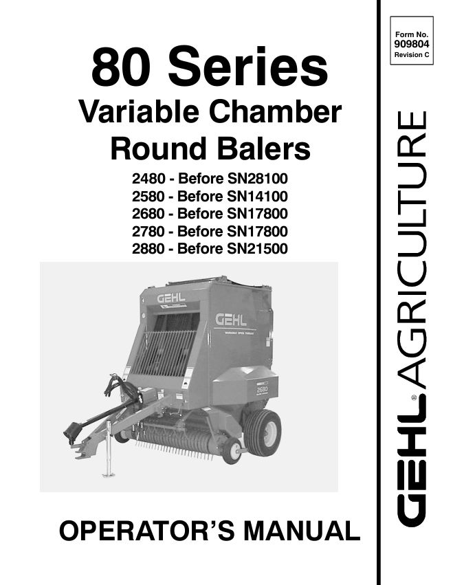 GEHL 80 Series Variable Chamber Round Baler Operator Manual 909804 PDF