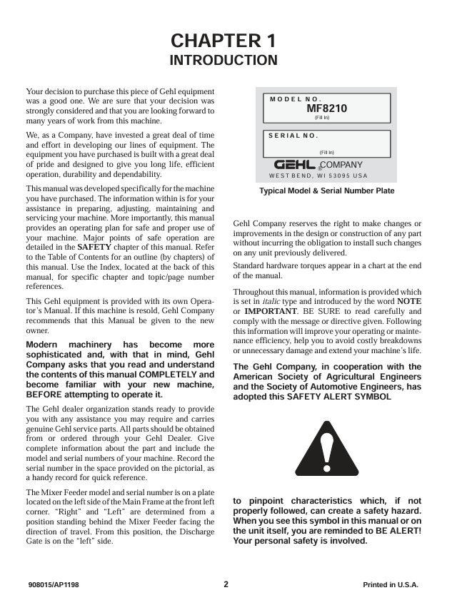 GEHL 8210 Mixer Feeder Operation & Maintenance Manual PDF 908015