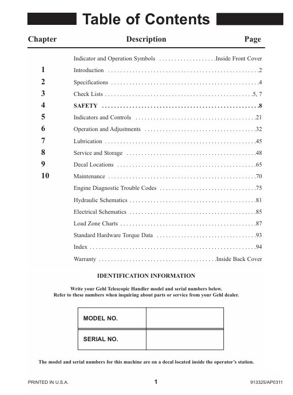 GEHL 913325 Telescopic Handler Operator Manual RS6-42 RS8-42 RS8-44