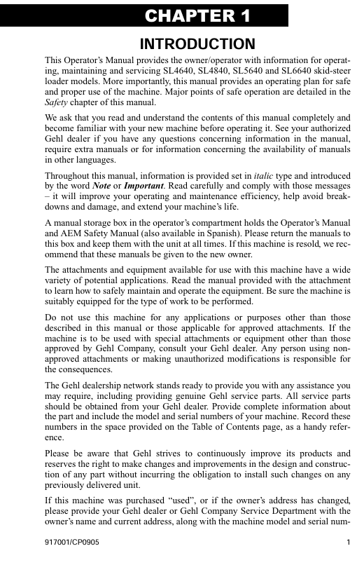GEHL 917001 Operator Manual for SL4640, SL4840, SL5640 & SL6640 PDF