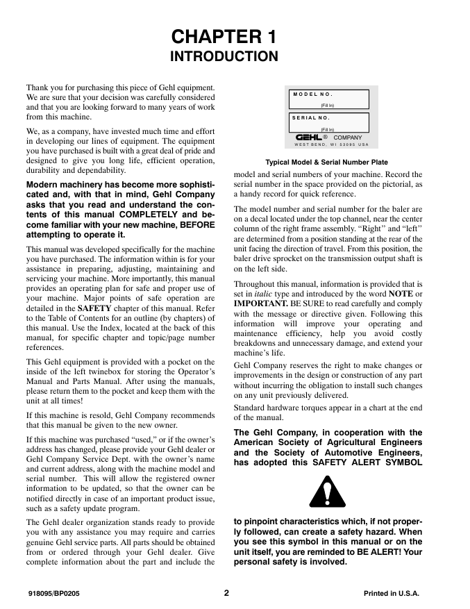 GEHL 918095 80 Series Variable Chamber Round Baler Operator Manual PDF
