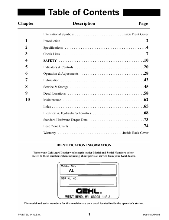 GEHL AL-730 Telescopic Loader Owner's & Operator Manual PDF Download