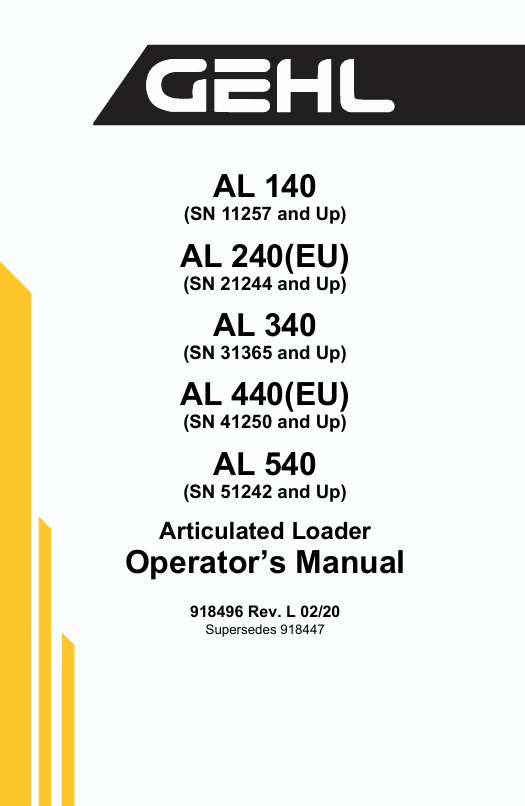 GEHL AL140 AL240 AL340 AL440 AL540 Loader Manual PDF 918496