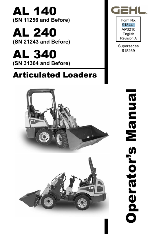 GEHL AL140 AL240 AL340 Articulated Loader Operator Manual 918441 PDF